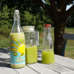 Flessen groene limonade staan op een verweerde witte picknicktafel onder een boom, wat de rustieke charme van het platteland oproept. Gelegen in een grasveld met bomen erachter, heeft één fles een kleurrijk etiket, terwijl een andere doorzichtig is met een rode dop. Een blauwe stoel draagt bij aan het rustige tafereel.