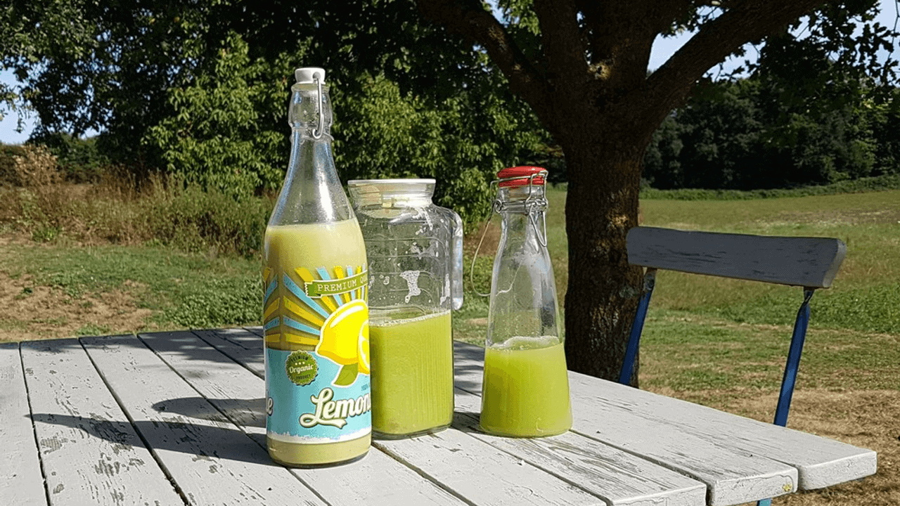 Flessen groene limonade staan op een verweerde witte picknicktafel onder een boom, wat de rustieke charme van het platteland oproept. Gelegen in een grasveld met bomen erachter, heeft één fles een kleurrijk etiket, terwijl een andere doorzichtig is met een rode dop. Een blauwe stoel draagt bij aan het rustige tafereel.