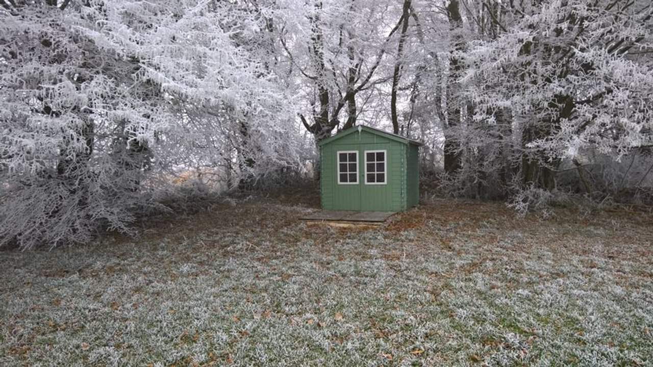 Een klein groen schuurtje met ramen met witte omlijsting staat in een met vorst bedekt bos. De omringende bomen zijn bedekt met zware vorst, wat een pittoresk plattelandsgezicht creëert. De grond is licht bestrooid met vorst en gevallen bladeren, wat bijdraagt aan de koude sfeer van deze natuurlijke omgeving.