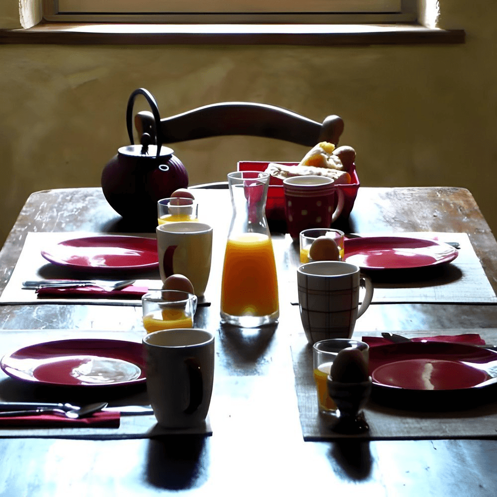 Een houten eettafel in een gîte is gedekt voor het ontbijt met vier rode borden, gekookte eieren, mokken en een felrode theepot. Glazen sinaasappelsap vergezellen een glazen karaf, terwijl zonlicht van het raam een warme gloed werpt over de gezellige setting.