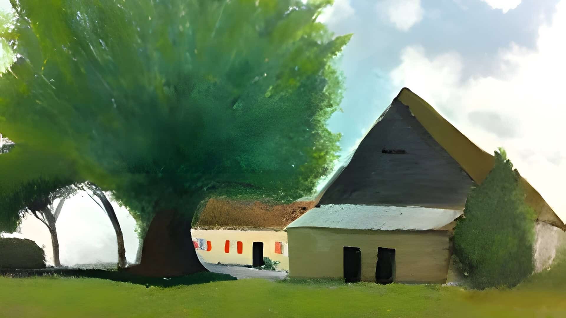 Een schilderij van een landelijk tafereel in Frankrijk toont een grote, bladrijke boom aan de linkerkant en twee gebouwen met rieten daken. De beige structuren hebben donkere ramen en deuren, terwijl de met gras begroeide voorgrond en de heldere lucht de serene schoonheid van de natuur in deze pittoreske omgeving versterken.