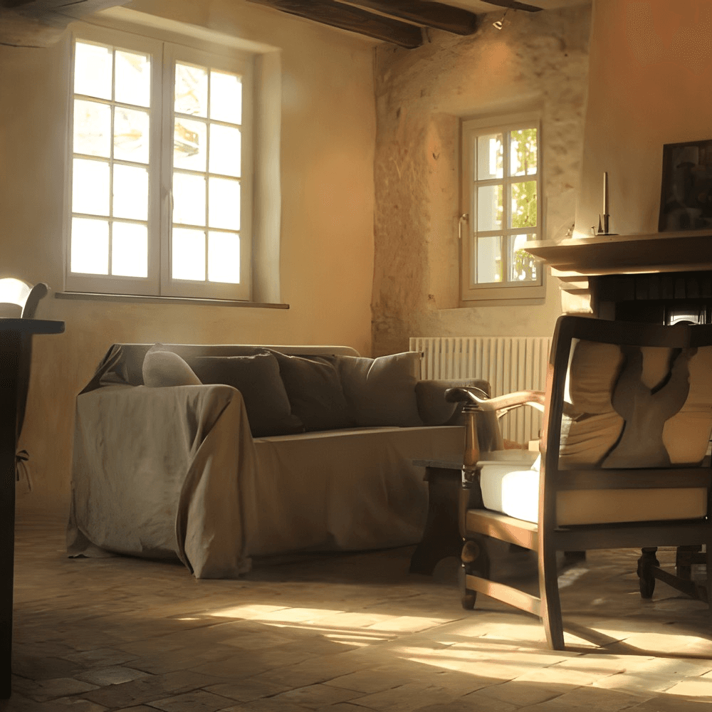 Een gezellige woonkamer met een beige stenen muur, een plafond met houten balken en grote ramen die natuurlijk licht binnenlaten. De kamer heeft een grijze bank met kussens, een houten fauteuil en een donkere houten salontafel op een warme bakstenen vloer, wat een uitnodigende ambiance creëert die natuur en roest weerspiegelt.