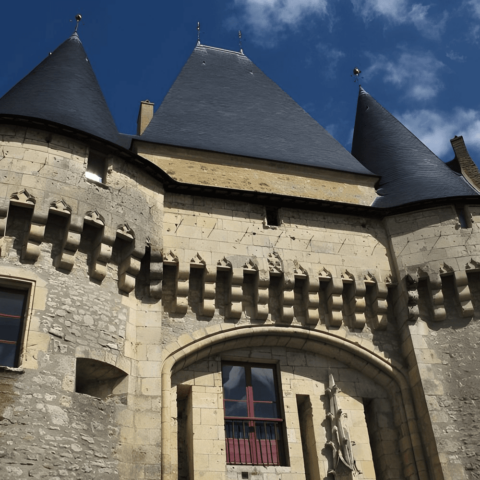 Een historisch stenen gebouw op het Franse platteland heeft puntige, donkere leien daken en decoratieve kantelen onder een blauwe lucht. Een groot boograam met rode lijsten is zichtbaar en kleine houtsnijwerken sieren de stenen gevel, wat de architectonische details benadrukt die kenmerkend zijn voor een gîte.